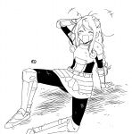  +++ 1girl :d ^_^ arm_up armor armored_boots blush boots bow braid breastplate closed_eyes feet_out_of_frame gloves greyscale hair_bow hand_on_own_head highres knee_boots leaf leaf_on_head long_hair monochrome nikki_kyousuke paladin_(sekaiju) paladin_2_(sekaiju) pauldrons sekaiju_no_meikyuu shadow shoulder_armor simple_background smile solo very_long_hair watermark white_background 