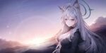  1girl absurdres ahoge animal_ear_fluff animal_ears black_choker black_dress blue_archive blue_eyes breasts choker cleavage closed_mouth dawn dress extra_ears grey_hair hair_between_eyes highres large_breasts long_hair looking_at_viewer magaqq123 shiroko_(blue_archive) shiroko_terror_(blue_archive) sidelocks smile solo upper_body wolf_ears wolf_girl 