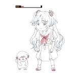  1girl blue_eyes breast_pocket commentary crossover detective_pikachu_(series) dress flower full_body furrowed_brow greyscale hair_flower hair_ornament hasu_no_sora_school_uniform health_bar link!_like!_love_live! long_hair love_live! medium_dress monochrome neckerchief osawa_rurino parted_bangs pikachu pleated_dress pocket pokemon pokemon_(creature) puffy_short_sleeves puffy_sleeves raised_inner_eyebrows red_neckerchief red_shoes sailor_collar sailor_dress school_uniform shoes short_sleeves simple_background socks spot_color standing twintails uwabaki virtual_youtuber white_background wrinkled_frown_(detective_pikachu) yoruneko_yashiro 