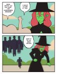 absurd_res ambiguous_gender bicycle black_clothing black_dress black_hat black_headwear bodily_fluids bonnymama7 clothing cloud comic dialogue dress elphaba_(bonnymama7) english_text female floating green_body green_skin group hair hat headgear headwear hi_res human humanoid humanoid_pointy_ears levitation long_hair magic_user mammal meme ominous outside pointy_ears raised_arm red_hair running sky sweat text vehicle witch witch_hat yellow_sclera