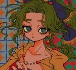  1girl aqua_eyes beads blue_ribbon cape dress earrings expressionless eyelashes film_grain final_fantasy final_fantasy_vi floating_hair green_hair hair_ribbon highres jewelry long_hair looking_at_viewer nayo_(kr_000515) orange_cape parted_bangs ponytail portrait red_dress ribbon solo strapless terra_branford 
