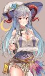  1girl absurdres alternate_costume arm_under_breasts bangs bare_shoulders belt blue_flower blue_hair blush breasts cleavage commission commissioner_upload crescent_moon curled_horns detached_collar detached_sleeves dress fire_emblem fire_emblem_heroes flower freyja_(fire_emblem) fuussu_(21-kazin) goat_horns hair_ornament halloween hat highres horns lantern large_breasts large_hat long_dress long_hair looking_at_viewer mature_female moon multicolored_hair multiple_belts non-web_source open_mouth puffy_sleeves red_eyes red_horns side_slit simple_background solo thighs white_dress witch witch_hat 