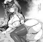  1girl absurdres ass azur_lane bangs between_legs breasts broken broken_chain chain choker collar covered_nipples crotch_seam garter_straps greyscale hand_between_legs hat highres honolulu_(azur_lane) hotate-chan large_breasts looking_at_viewer lying military military_hat military_uniform monochrome on_side plump skin_tight skindentation solo thick_thighs thighhighs thighs translated twintails uniform 