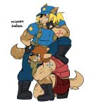 2025 anaugi anthro biceps blonde_hair boots bottomwear brother_(lore) brothers_(lore) brown_hair clothed clothing crouching dipstick_ears duo ear_markings feet foot_on_back footwear foster_(anaugi) grin hair hand_on_hip hat headgear headwear hi_res hyena male mammal mccarthy_(anaugi) multicolored_ears muscular muscular_male pants ponytail shirt shoes short_hair shorts sibling_(lore) simple_background smile standing t-shirt tail toothy_grin topwear white_background