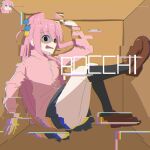  1girl album_cover_redraw arm_up black_socks bocchi_the_rock! box brown_footwear derivative_work glitch gotou_hitori hair_between_eyes hair_cubes hair_ornament highres in_box in_container jacket kneehighs long_hair natasyaorlov open_mouth pink_hair pink_jacket socks solo track_jacket 