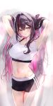  1girl arms_behind_head arms_up azki_(hololive) black_hair black_shorts colored_inner_hair commentary_request crop_top cropped_shirt double-parted_bangs hair_between_eyes hair_intakes hair_ornament hairclip hands_in_hair highres hololive long_hair looking_at_viewer midriff mole mole_under_eye multicolored_hair navel paid_reward_available parted_lips pink_hair purple_eyes shirt short_shorts shorts solo standing streaked_hair t-shirt very_long_hair virtual_youtuber white_hair white_shirt yuki_haru 