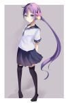  1girl akebono_(kancolle) bell black_sailor_collar black_skirt black_thighhighs border flower full_body grey_background hair_bell hair_ornament highres jingle_bell kantai_collection long_hair outside_border pink_flower purple_eyes sailor_collar school_uniform serafuku shirt short_sleeves side_ponytail sidelocks simple_background skirt solo standing thighhighs very_long_hair white_border white_shirt woundandon 