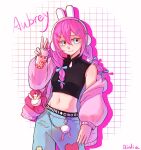  1girl alternate_hairstyle animal_ear_headphones animal_ears aubrey_(birthday)_(omori) aubrey_(faraway)_(omori) aubrey_(omori) blue_eyes blue_nails blue_ribbon breasts charm_(object) closed_mouth crop_top cup cupcake_bunny_(omori) denim drinking_straw fake_animal_ears forest_bunny?_(omori) hair_ornament hair_ribbon hairclip headphones highres holding holding_cup jacket jeans low_twintails multicolored_nails navel official_alternate_costume omori pants pink_hair pink_jacket pink_nails qinliu_cat rabbit_ear_headphones ribbon sleeveless small_breasts smile solo torn_clothes torn_jeans torn_pants twintails v 