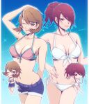  2girls bare_shoulders bikini blue_background blue_shorts blush breasts brown_eyes brown_hair chibi commentary corner50777313 earrings hair_over_one_eye hand_on_own_head hand_on_own_hip heart highres jewelry kirijou_mitsuru medium_breasts multiple_girls navel one_eye_closed persona persona_3 pink_bikini ponytail red_eyes red_hair short_hair short_shorts shorts smile swimsuit takeba_yukari tongue tongue_out white_bikini 
