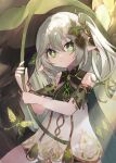 1girl bare_shoulders bracelet bug butterfly closed_mouth commentary crystalfly_(genshin_impact) detached_sleeves dress genshin_impact gold_trim gradient_hair green_butterfly green_eyes green_hair green_sleeves hair_between_eyes hair_ornament highres holding holding_leaf jewelry leaf leaf_hair_ornament leaf_umbrella long_hair looking_at_viewer multicolored_hair nahida_(genshin_impact) pointy_ears purin_uni side_ponytail sleeveless sleeveless_dress smile solo star-shaped_pupils star_(symbol) symbol-shaped_pupils white_dress white_hair 