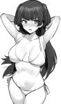  1girl absurdres armpits arms_behind_head arms_up bangs bare_arms bare_shoulders bikini blush breasts breasts_apart collarbone cowboy_shot greyscale halterneck highres hotate-chan idolmaster idolmaster_shiny_colors large_breasts long_hair looking_at_viewer mayuzumi_fuyuko monochrome navel nose_blush open_mouth raised_eyebrow side-tie_bikini_bottom simple_background sketch solo standing stomach string_bikini sweat swimsuit two_side_up underboob very_long_hair white_background 