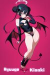  1girl absurdres black_hair black_leotard black_nails blue_archive breasts clothing_cutout demon_tail demon_wings double_bun eyeshadow fingernails full_body grey_eyes hair_bun halo heart_cutout highres kisaki_(blue_archive) leotard makeup momobug22 nail_polish no_shoes pubic_tattoo red_background red_eyeshadow sharp_fingernails small_breasts solo stirrup_legwear tail tattoo toeless_legwear toenail_polish toenails twintails wings 