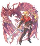  1boy 2024 absurdres belt black_gloves black_jacket black_pants blonde_hair blue_eyes capelet closed_mouth english_commentary final_fantasy final_fantasy_xvi fire full_body gloves hair_between_eyes highres holding holding_sword holding_weapon jacket joshua_rosfield male_focus pants phoenix_(final_fantasy) piccolourme pyrokinesis red_capelet short_hair signature solo_focus standing sword weapon white_background 