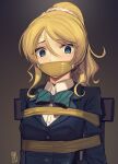  1girl ayase_eli bangs bdsm blazer blonde_hair blue_eyes blue_jacket bondage bound bow bowtie cad_(caddo) commentary_request gag gagged green_bow green_bowtie hair_between_eyes highres improvised_gag jacket love_live! love_live!_school_idol_project ponytail shirt solo tape tape_gag upper_body white_shirt 