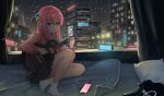  1girl absurdres bedroom black_shirt blanket blue_eyes blurry blurry_background bocchi_the_rock! building cellphone city city_lights cityscape clock closed_mouth crossed_legs cube_hair_ornament curtains depth_of_field digital_clock double-parted_bangs full_body gotoh_hitori grey_skirt guitar hair_between_eyes hair_ornament hair_over_shoulder highres holding holding_guitar holding_instrument instrument jacket light_frown long_bangs long_hair long_sleeves miniskirt music night night_sky no_shoes on_bed phone pillow pink_hair pink_jacket playing_guitar playing_instrument pleated_skirt print_shirt rain segment_display shirt short_sleeves sitting skirt sky skyscraper smartphone socks solo t-shirt tbyjpg timestamp track_jacket unworn_shirt very_long_hair water_drop water_on_glass white_socks window 