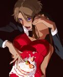  1boy 1girl black_suit blonde_hair blue_eyes blush brown_hair cake covering_another&#039;s_mouth food food_on_body hair_over_shoulder head_back highres imminent_eating leotard open_mouth original par0llel poking_belly red_leotard rolling_eyes short_hair strawberry_shortcake suit 