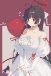  1girl absurdres antenna_hair bare_shoulders bilibalakonglijiwa black_hair blue_archive blunt_bangs blush bow breasts choker cleavage closed_mouth detached_sleeves dress hair_bow highres large_breasts long_hair official_alternate_costume red_eyes sidelocks sleeves_past_wrists solo strapless strapless_dress sweatdrop tsurugi_(blue_archive) tsurugi_(dress)_(blue_archive) white_bow white_choker white_dress 
