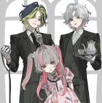  1girl 2boys absurdres black_hair black_necktie black_pants black_suit black_vest brown_hair collared_shirt colored_inner_hair cup curtained_hair dress green_eyes green_hair grey_hair hair_intakes hair_ribbon heterochromia highres holding holding_tray inami_rai index_finger_raised jewelry long_hair looking_at_viewer makaino_ririmu multicolored_hair multiple_boys murakumo_kagetsu necklace necktie nijisanji pants pink_dress pink_hair plate puffy_short_sleeves puffy_sleeves purple_eyes red_eyes ribbon sharp_teeth shirt short_sleeves smile streaked_hair suit teacup teapot teeth tongue tongue_out tray two-tone_hair two_side_up vest wasabi_(d82nsst) white_shirt 