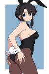  1girl 64vii absurdres alternate_costume animal_ear_hairband animal_ears ass azumanga_daioh black_eyes black_hair black_leotard blue_eyes blush bow bowtie breasts closed_mouth commentary detached_collar fake_animal_ears fake_tail from_behind hairband hands_on_own_ass highres kurosawa_minamo leotard looking_at_viewer looking_back medium_breasts nervous_sweating pantyhose playboy_bunny rabbit_ear_hairband rabbit_ears rabbit_tail short_hair sidelocks simple_background solo strapless strapless_leotard sweat tail thighs traditional_bowtie white_wrist_cuffs wrist_cuffs 