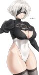  1girl absurdres bangs blindfold blush breasts cleavage cleavage_cutout clothing_cutout covered_navel feather-trimmed_sleeves highleg highleg_leotard highres hotate-chan juliet_sleeves large_breasts leotard long_sleeves mole mole_under_mouth nier_(series) nier_automata parted_lips puffy_sleeves short_hair simple_background solo thighhighs translated white_background white_hair white_leotard yorha_no._2_type_b 