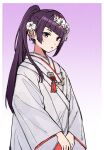  1girl cowboy_shot diagonal_bangs floral_print floral_print_kimono flower gradient_background hair_flower hair_ornament highres idolmaster idolmaster_shiny_colors japanese_clothes kimono long_hair official_alternate_costume ponytail print_kimono purple_eyes purple_hair qaqyes_re solo tanaka_mamimi tassel tassel_hair_ornament uchikake white_kimono 