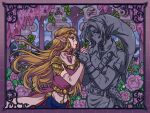  1boy 1girl armor artist_name belt blonde_hair blush closed_mouth column crying day dress ear_piercing earrings from_side gloves hands_up hat highres holding_hands instrument jewelry link lips long_hair looking_at_another mroczniak_(gloomy_chuu) ocarina outdoors parted_lips petrification phrygian_cap piercing pillar pink_dress pointy_ears princess_zelda shoulder_armor smile tears the_legend_of_zelda the_legend_of_zelda:_ocarina_of_time triforce tunic very_long_hair 