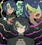  1boy absurdres ahoge black_hair black_jacket cellphone eyepatch gakuran green_hair hair_between_eyes heart heart-shaped_pupils highres holding holding_phone inami_rai jacket looking_at_viewer male_focus medical_eyepatch monitoring_(vocaloid) multicolored_hair multiple_views nijisanji open_mouth phone pink_eyes school_uniform short_hair smartphone smile symbol-shaped_pupils two-tone_hair virtual_youtuber wasabi_(d82nsst) 