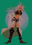  1boy black_boots black_jacket black_nails boots codpiece cropped_jacket curtained_hair dissidia_final_fantasy film_grain final_fantasy final_fantasy_ix floating_hair green_background grey_hair hands_on_own_hips highres jacket kuja long_hair male_focus midriff navel nayo_(kr_000515) parted_bangs purple_eyes raised_eyebrows shirt showgirl_skirt skirt solo thigh_boots trap white_shirt wide_sleeves 