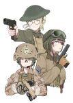  3girls aiming artist_name blonde_hair braid brodie_helmet brown_gloves brown_hair brown_hat brown_jacket camouflage camouflage_jacket combat_helmet commentary cropped_torso finger_on_trigger flashlight glasses gloves goggles goggles_on_headwear green_eyes green_hat green_shirt gun hair_over_one_eye handgun hat headset helmet highres jacket load_bearing_vest long_sleeves looking_at_viewer m1911 m45_meusoc military_combat_uniform military_rank_insignia military_uniform multiple_girls orange_eyes original parted_lips patch pink_eyes round_eyewear safety_glasses savankov shirt short_hair signature simple_background soot symbol-only_commentary tank_helmet tanker_jacket trigger_discipline united_states_army united_states_marine_corps weapon white_background world_war_i world_war_ii 