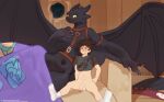 anthro areola balls biped black_body black_scales black_tail blush breasts brown_hair clothing detailed_background dragon dreamworks duo erection female footwear genitals green_sclera hair hi_res how_to_train_your_dragon human male mammal mythological_creature mythological_scalie mythology navel nipples penis quangdoann red_eyes scales scalie socks tail toothless topwear wings