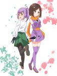  2girls absurdres alternate_costume assassin black_gloves black_pantyhose brown_eyes brown_hair brown_sandals collared_shirt colored_inner_hair cosplay costume_switch glasses gloves green_skirt hair_ornament hairclip highres holding holding_kunai holding_own_arm holding_weapon japanese_clothes kimono koga_konoha kunai kusagakure_satoko long_hair medium_hair multicolored_hair multiple_girls ninja ninja_to_koroshiya_no_futarigurashi pantyhose pleated_skirt purple_hair purple_kimono purple_thighhighs sandals scarf shirt short_kimono shuriken_hair_ornament side_ponytail skirt swept_bangs thighhighs user_xpcj3772 weapon white_shirt yellow_scarf 