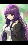  1girl :t absurdres black_robe blunt_bangs blunt_ends blush breasts closed_mouth cowboy_shot day dress eyelashes fern_(sousou_no_frieren) hair_over_shoulder half_updo hands_up highres hime_cut large_breasts long_hair long_sleeves looking_to_the_side outdoors pout purple_eyes purple_hair purple_pupils robe sidelocks solo sousou_no_frieren straight_hair sukiyaki_(sukiyaki-jp) sunlight v-shaped_eyebrows very_long_hair white_dress wide_sleeves 