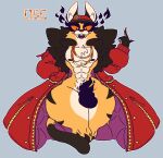 abs anthro clothed clothing demon eckodraws felid fire fur hat headgear headwear hi_res kings_of_hell leopard long_coat male mammal markings nipples ose_(kings_of_hell) pantherine pecs skimpy solo spots spotted_body spotted_fur thick_thighs wide_hips