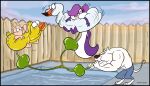 2023 anthro arnold_the_pit_bull blowing bottomwear canid canine canis clothing digital_media_(artwork) domestic_dog domestic_pig dutch_(artist) female fence fifi_la_fume flat_colors flotation_device fur group hair hamton_j._pig hi_res inflation male mammal mephitid multicolored_body multicolored_fur muscular muscular_anthro muscular_male pants pit_bull pool pool_toy purple_body purple_fur purple_hair skunk suid suine sus_(pig) tiny_toon_adventures trio two_tone_body two_tone_fur warner_brothers water white_body white_fur wood wood_fence
