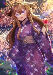  1girl :d aerial_fireworks astra_laeyna blush braid brown_hair candy_apple commentary_request commission fireworks floral_print food hair_between_eyes hand_up holding holding_food indie_virtual_youtuber japanese_clothes kimono kou_hiyoyo long_hair long_sleeves night night_sky obi outdoors print_kimono purple_eyes purple_kimono sash skeb_commission sky sleeves_past_wrists smile solo star_(sky) starry_sky twin_braids very_long_hair virtual_youtuber wide_sleeves 
