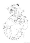  1boy absurdres animal_ears arknights beard chinese_commentary closed_mouth commentary_request facial_hair from_behind furry furry_male goatee greyscale highres huai_tianpei_(arknights) looking_at_viewer looking_back male_focus monochrome muscular muscular_male tail tiger_boy tiger_ears tiger_stripes tiger_tail undressing watermark weibo_watermark white_background yi_tan_a_mi_ba 