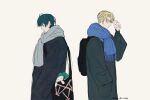  2boys alternate_costume arm_up bag black_coat blonde_hair blue_scarf character_doll closed_mouth coat commentary_request contemporary curtained_hair dimitri_alexandre_blaiddyd doll fire_emblem fire_emblem:_three_houses from_side frown green_hair grey_background grey_scarf hand_in_pocket highres long_sleeves looking_ahead male_byleth_(fire_emblem) male_focus multiple_boys profile scarf short_hair shoulder_bag sibu85_maho simple_background sketch smile sothis_(fire_emblem) twitter_username 