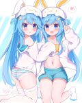  2girls :d :o animal_ear_headwear animal_ears animal_hat ass bare_shoulders bemani bikini bikini_top_only blue_eyes blue_hair blue_panties blue_shorts blush collarbone dated diagonal-striped_background fang hair_between_eyes hair_ornament hands_up hat heart highres hood hood_down hooded_jacket jacket kneeling knees_together_feet_apart long_hair long_sleeves looking_at_viewer multiple_girls navel near_(sound_voltex) no_pants no_shoes noah_(sound_voltex) open_clothes open_jacket open_mouth panties rabbit_ears short_eyebrows short_shorts shorts sichuan_luo_li signature skin_fang sleeves_past_fingers sleeves_past_wrists smile socks sound_voltex spoken_heart star_(symbol) star_hair_ornament straight_hair striped_background striped_clothes striped_panties swept_bangs swimsuit thick_eyebrows thighhighs two_side_up underwear v very_long_hair white_hat white_jacket white_panties white_socks white_thighhighs yellow_bikini 