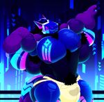 anthro armpit_hair big_muscles big_neon_dragon body_hair clothed clothing hi_res huge_muscles hyper hyper_muscles jockstrap jockstrap_only machine male markings muscular neon neon_lights nipples protogen pubes solo topless underwear underwear_only