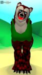 anthro bear blue_eyes breedbowl brown_body brown_fur clothed clothing curvy_figure female forbidden_pants fully_clothed fur hi_res looking_at_viewer low_poly mammal outside retro solo