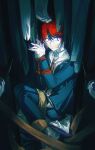  2boys absurdres ahoge aizendai aotsuki_eito black_pants black_streaks blue_eyes bound bound_arms bound_fingers bound_legs chinese_commentary closet english_commentary gag gloves grey_jacket highres hood hoodie improvised_gag jacket male_focus mixed-language_commentary multicolored_hair multiple_boys necktie nervous_sweating out_of_frame pants red_hair red_necktie shoes short_hair streaked_hair sumino_takumi sweat tape tape_gag the_hundred_line_-last_defense_academy- trapped unworn_clothes white_hoodie white_shoes 