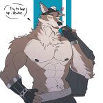 1:1 abs anthro canid canine canis clothing cross-popping_vein english_description english_text epic_games fortnite gloves hand_on_hip handwear hi_res holding_clothing holding_object holding_shirt holding_topwear male mammal muscular muscular_anthro muscular_male navel neck_tuft neeksaki nipples pants_only pecs shirt simple_background solo text topwear tuft wendell_(fortnite) wolf