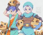  29qmatatavi 2boys 6+others aqua_hat aqua_robe aqua_tunic armlet armor arms_up belt belt_buckle black_eyes black_shirt blue_gloves blue_hair blurry blurry_background breastplate bright_pupils brown_armor brown_belt buckle choker collarbone cowboy_shot creature dragon_quest dragon_quest_vi earrings fingerless_gloves gloves gold_armlet gold_choker gold_earrings grey_gloves hat hero_(dq6) holding holding_creature hoop_earrings jewelry looking_at_another looking_down mottle_slime multiple_boys multiple_others open_mouth orange_tunic pants parted_bangs profile purple_eyes shirt short_hair terry_(dq6) toned toned_male tunic white_background white_pants white_pupils 