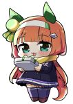  1girl :3 :d absurdres animal_ears black_coat blunt_bangs blunt_ends blush brown_shoes chibi chibi_only coat commentary ear_covers enpera full_body gift green_eyes highres holding holding_gift horse_ears horse_girl horse_tail long_hair long_sleeves looking_at_viewer open_mouth orange_hair pleated_skirt plover purple_skirt purple_thighhighs scarf school_uniform shoes silence_suzuka_(umamusume) simple_background skirt smile solo standing tail thighhighs tracen_school_uniform tracen_winter_coat umamusume white_background yellow_scarf 