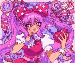  1girl artist_name blush bow breasts bright_pupils cake cake_slice candy dark-skinned_female dark_skin donut dress flail food hair_bow highres holding_flail lips lollipop long_hair medium_breasts mroczniak_(gloomy_chuu) omori open_mouth pink_bow pink_dress pink_eyes pink_hair polka_dot polka_dot_bow puffy_short_sleeves puffy_sleeves short_sleeves smile solo sweetheart_(omori) teeth twintails upper_teeth_only weapon white_pupils 