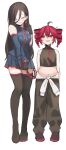  2girls ahoge bare_shoulders belt black_boots black_gloves black_hair black_pants black_shirt black_skirt boots breasts butcher_vanity_(synthesizer_v) buttons closed_eyes clothes_around_waist collared_shirt cosplay costume_switch crop_top detached_sleeves drill_hair earrings english_commentary full_body gloves hair_between_eyes height_difference highres jacket jacket_around_waist jewelry kasane_teto large_breasts looking_at_another multiple_girls navel open_mouth pants pleated_skirt plump pocket red_belt red_eyes red_hair red_shoes red_trim shirt shoes simple_background skirt smile synthesizer_v tsui55 twin_drills unfinished utau vimalion_pro white_background white_jacket yi_xi_(synthesizer_v) 