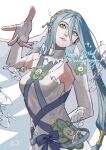  1girl anniversary azura_(fire_emblem) blue_hair breasts collar dress elbow_gloves fingerless_gloves fire_emblem fire_emblem_fates gloves hair_between_eyes highres jewelry long_hair medium_breasts runteya sign simple_background solo upper_body veil water white_background white_gloves yellow_eyes 