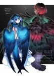  2girls artist_name bird_tail black_background black_hair blue_eyes blue_feathers blue_hair blue_wings commentary_request dark-skinned_female dark_skin dress feathered_wings feathers gradient_hair green_feathers green_hair green_wings harpy highres hogara long_hair looking_at_viewer looking_back monster_girl multicolored_hair multiple_girls original ponytail red_eyes red_hair tail two-tone_background white_background white_dress winged_arms wings 