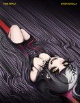  1girl absurdres album_cover_redraw bare_shoulders black_bra black_choker black_hair bra breasts character_name choker cleavage collarbone commentary derivative_work ear_piercing fangs grey_hair hair_ornament highres hololive hololive_english knees_up looking_at_viewer makeup mascara medium_breasts medium_hair mikuneki multicolored_hair open_mouth parody piercing runny_makeup shiori_novella smile solo split-color_hair swept_bangs tame_impala thick_eyelashes two-tone_hair underwear virtual_youtuber yellow_eyes 