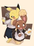 2024 anthro apron beverage biped black_nose brown_body brown_eyes buneary clothed clothing coffee_cup container cup duo eyebrows eyelashes female fingers fur generation_1_pokemon generation_4_pokemon hi_res holding_beverage holding_coffee_cup holding_container holding_cup holding_object holding_plate male nintendo open_mouth paws pikachu piyolondres plate pokemon pokemon_(species) pupils shirt standing tongue topwear white_clothing white_pupils white_shirt white_topwear yellow_body yellow_fur